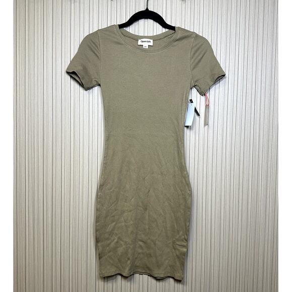 Open Edit Short Sleeve Ribbed Bodycon Dress Tan Women's Size XXS - Picture 2 of 7